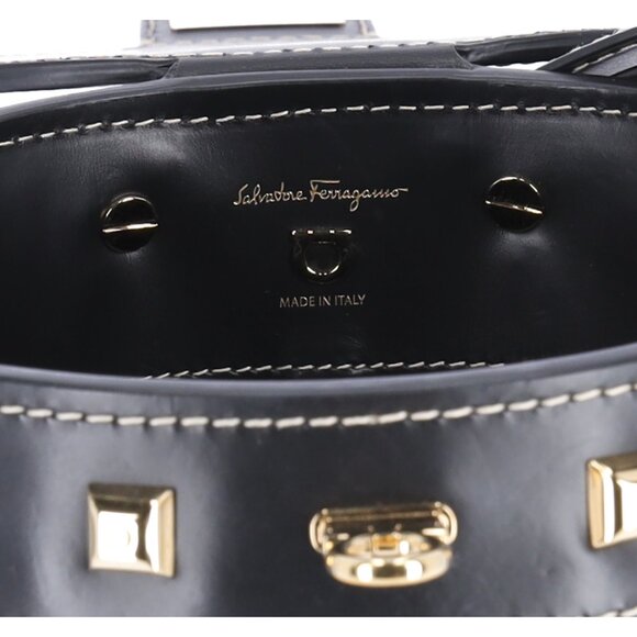 Salvatore Ferragamo Gancini Drawstring Bucket Bag Wicker Studded Leather + Pouch - Picture 10 of 12